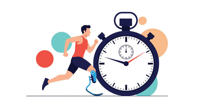Male athlete with prosthetic leg sprinting vigorously next to a large stopwatch symbolizing time management and speed.