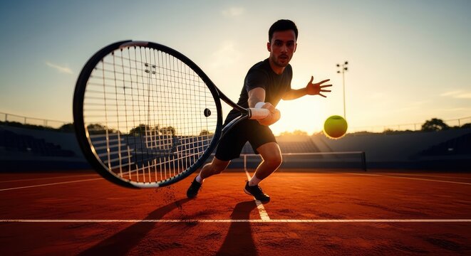 Powerful racket swing on a red clay court during golden hour features intense focus and motion blur against a distant stadium background, motion, red clay, intensity
