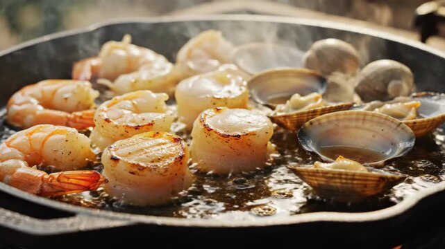 Shrimp, scallops, and clams cooking in a hot iron pan