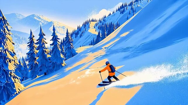 Skier descending snowy mountain slope