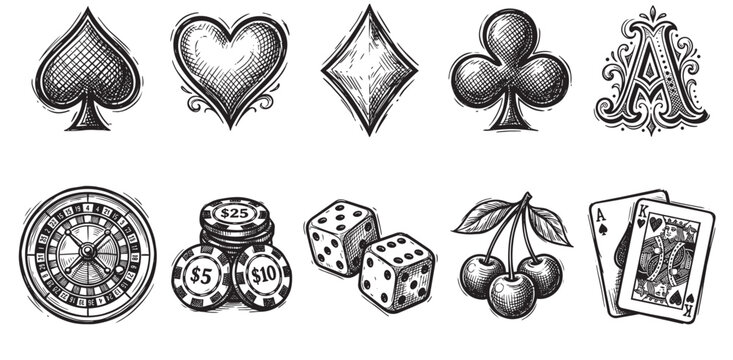 A collection of hand-drawn sketches depicting various casino and gambling elements including card suits, dice, poker chips, roulette, cherries, and playing cards in a scratchy ink style.