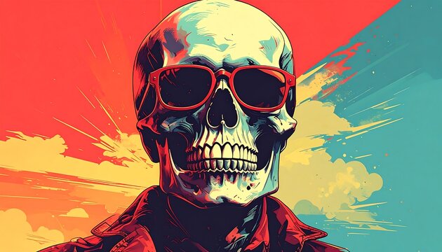 A vibrant, pop-art style illustration features a skull wearing red sunglasses and jacket against a colorful backdrop