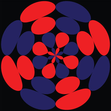 Red and blue oval shapes arranged in a circular pattern on black background abstract geometric