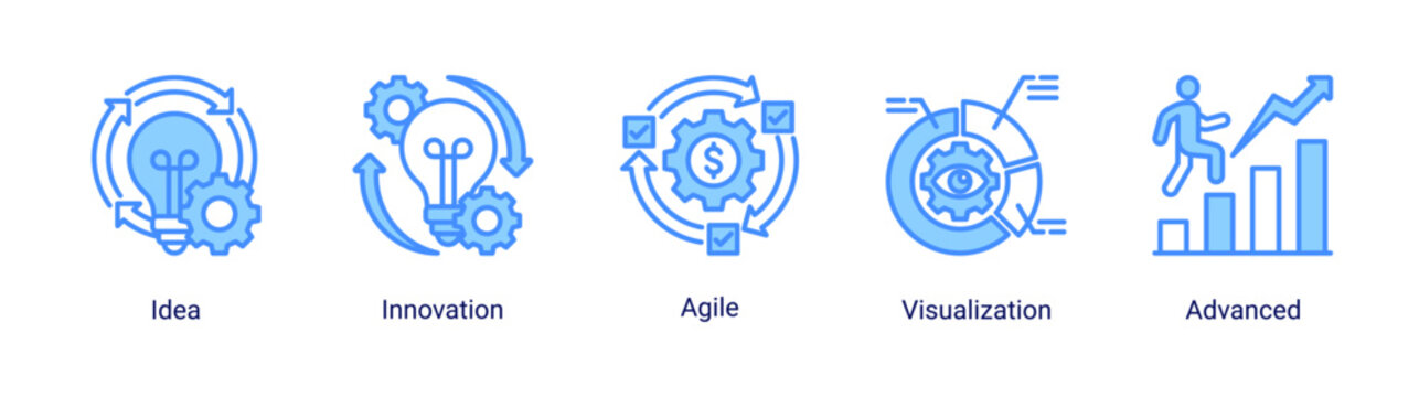 Kaizen innovation icon set featuring ideas,agile methods,and creative development concepts.Creative icon set representing innovation,and agile workflow for modern business and startup projects.