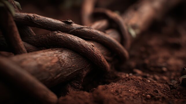 Intricate Interwoven Grass Roots Texture in Rich Soil, Macro Detail Showing Natural Strength and Growth