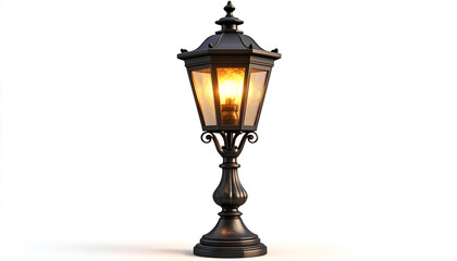 Naklejka premium A detailed 3D rendering showcases an ornate, vintage-style street lamp with a warm, glowing light emanating from within its glass enclosure.