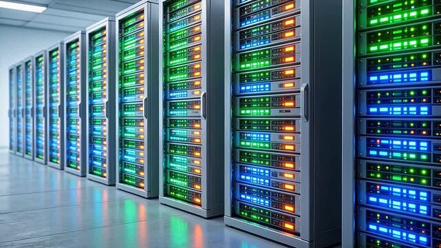 Rows of server racks with illuminated panels