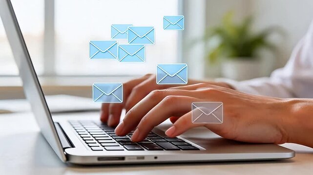Hands typing on laptop with email icons
