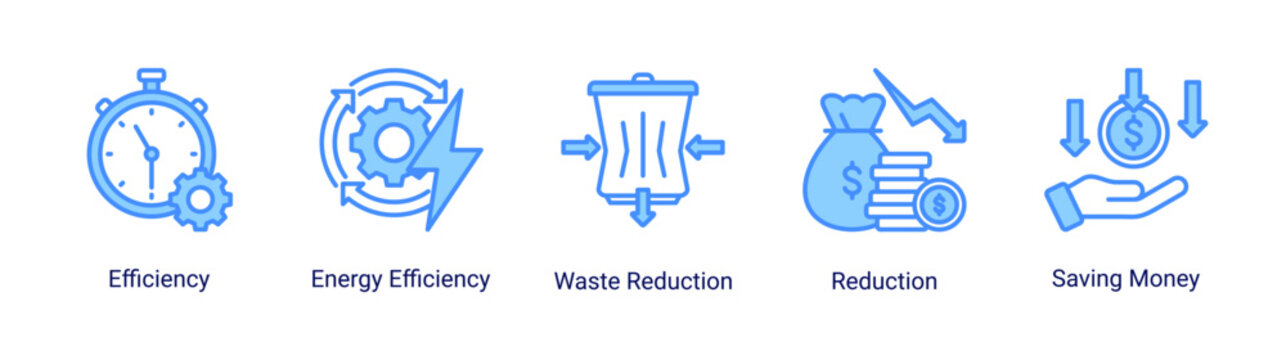 Kaizen efficiency icon set featuring cost reduction,energy efficiency,and lean management.Icon set for lean operations,cost saving,and efficiency improvement in business and industry.