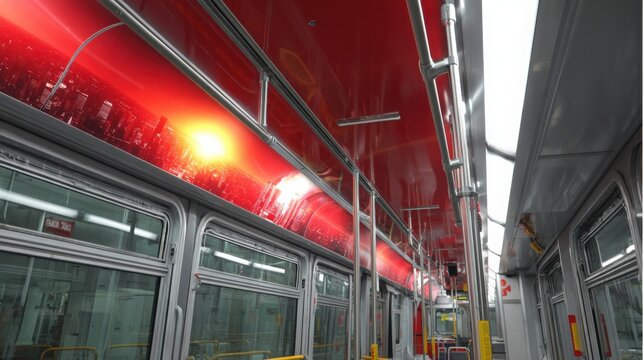 Interior of a modern public transit bus with bright red integrated advertising panels and city light reflections