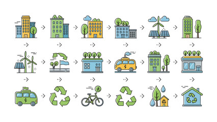 Naklejka premium Eco-Friendly City Transformation: A visual journey depicting a city's evolution towards sustainability, featuring green buildings, renewable energy sources, and eco-conscious transportation.