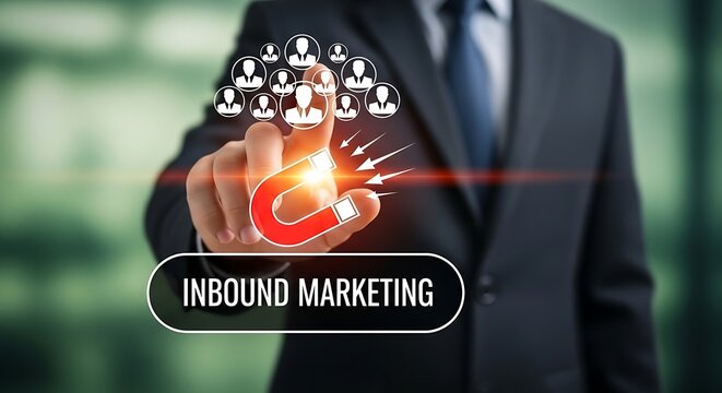 Businessman in suit interacting with inbound marketing concept on finger  attracting people