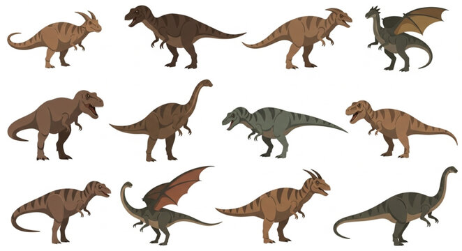Collection of Diverse Dinosaur Illustrations on White Background.