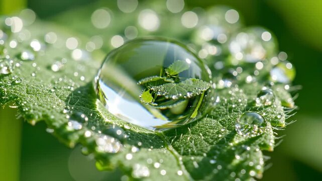 Macro shot of a water droplet on a leaf reflecting nature