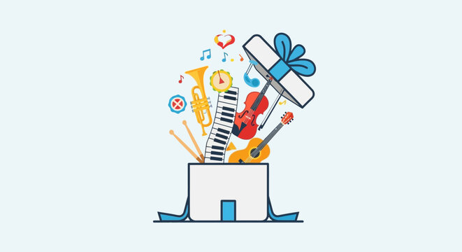 Gift box filled with various musical instruments and musical notes illustration.