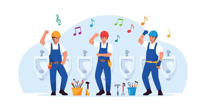 Group of three plumbers in blue overalls and hard hats dancing joyfully in a public restroom surrounded by urinals.