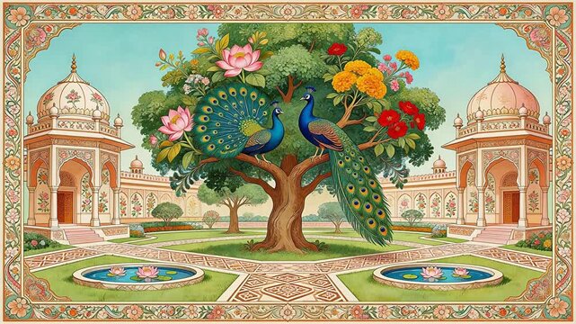 Peacocks on tree in ornate garden