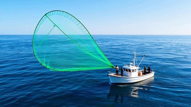 Fishing boat with net in open sea