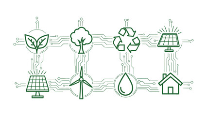 Naklejka premium Green Sustainable Ecology Icon: An interconnected network of eco-friendly icons representing key elements of sustainability, forming a cohesive vision of environmental harmony. 