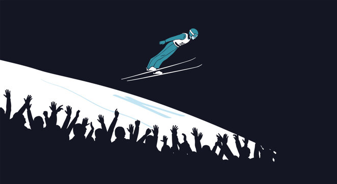 Professional ski jumper soaring through the dark night sky high above a cheering crowd on a snowy mountain slope.