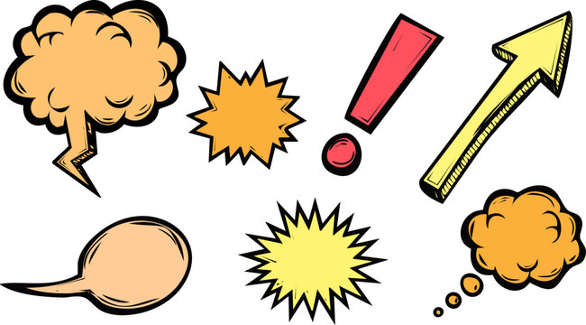 Set of comic book speech bubbles and design elements, including exclamation mark and arrow, , an engraving art style handdrawn illustration
