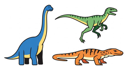 Three cartoon dinosaurs and a prehistoric reptile illustration. © Kurdi