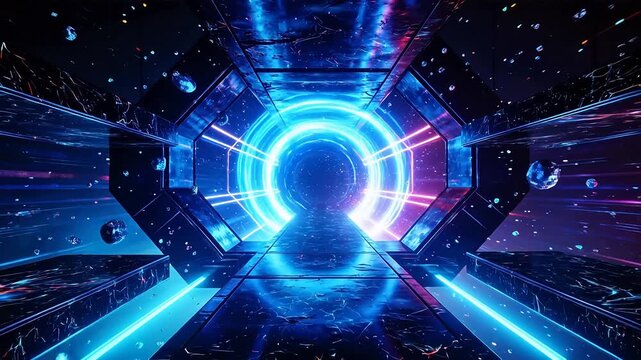 Futuristic neon tunnel with glowing lights