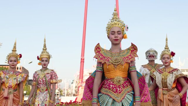Traditional Thai Khon Dancers Performing at Wat Suthat in Bangkok
