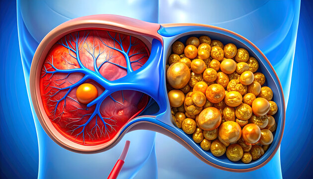 A detailed medical illustration depicts a healthy liver contrasted with a liver severely impacted by gallstones, highlighting the potential consequences of this common condition.