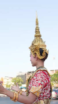 Thai Khon Dancer Performs Classical Dance in Traditional Costume Near Bangkok Temple