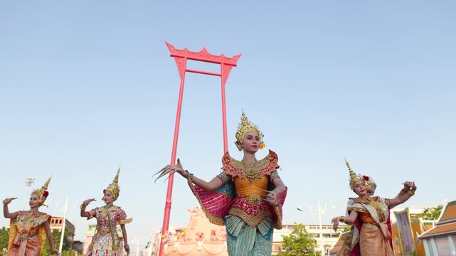 Traditional Thai Manohra Dancers Performing at the Giant Swing in Bangkok