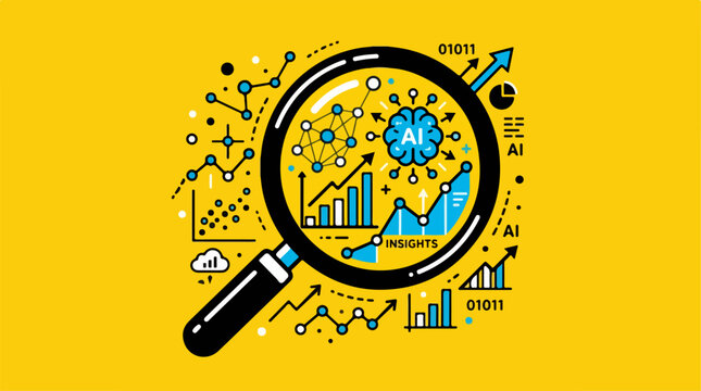 Artificial intelligence and data analysis concept with magnifying glass.