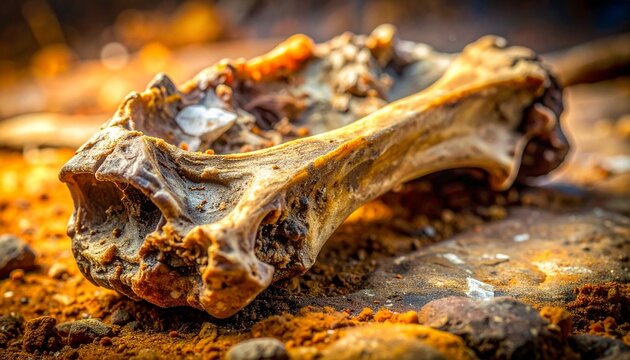 Close-up fossilized bone with mineral deposits, symbolizing paleontology, evolutionary history, and geological preservation of ancient species.
