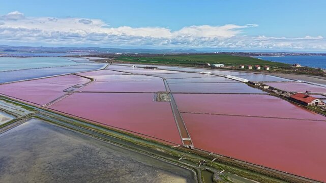 Salt flats stretch across the land with bright pink water reflecting clouds. A coast and green fields surround the area. Buildings sit in the distance under the open sky.