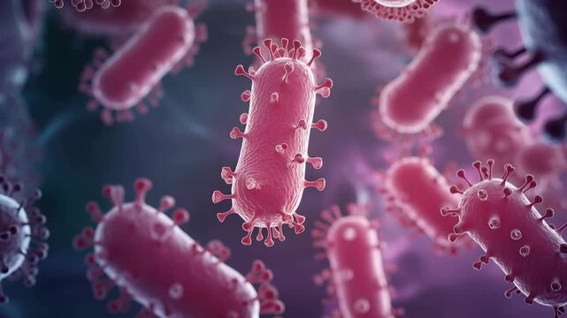 Close-up of pink rod-shaped viruses with spike proteins