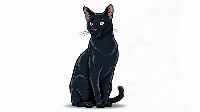 Cartoon-style, all-black cat with yellow eyes sits alert on a white background