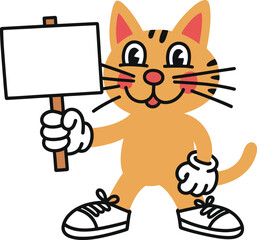 Obraz premium Cartoon orange tabby cat character holding a blank sign