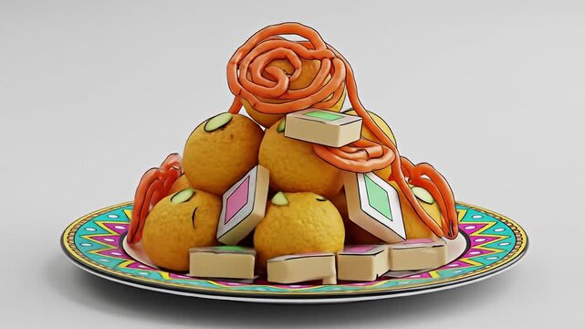 Cartoon style dessert plate with orange orbs, twirls, and pastel colored rectangles