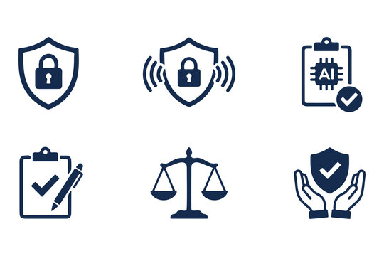 Artificial intelligence security and data privacy icons including legal scales and compliance shield