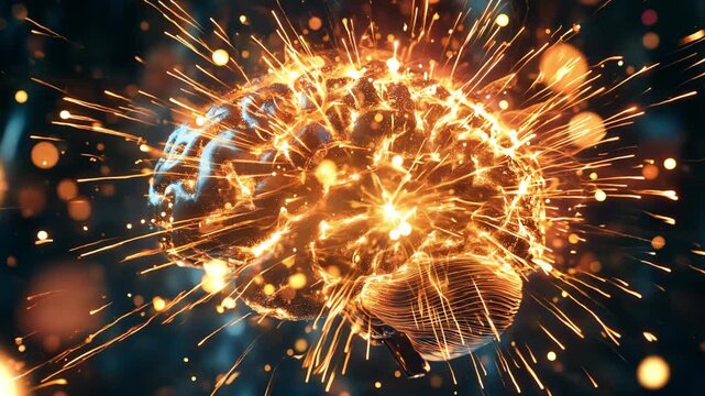 A digital brain is animated with sparks and light to illustrate neural activity and creativity over a dark background