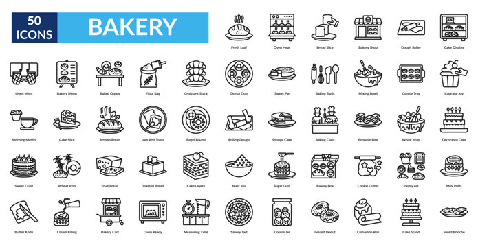 Bakery Line Icon Set. Fresh Loaf, Oven Heat, Bread Slice, Bakery Shop, Dough Roller, Cake Display, Cupcake Joy