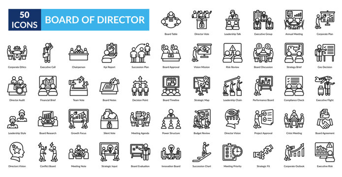 Board Of Director Line Icon Set. Board Table, Director Vote, Leadership Talk, Executive Group, Annual Meeting, Corporate Plan, Ceo Decision