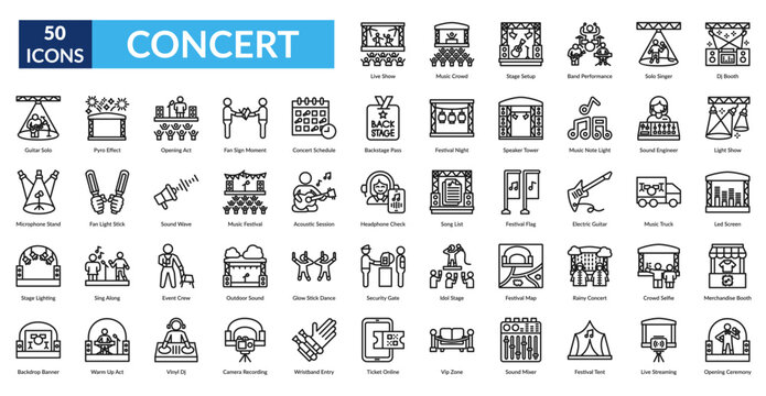 Concert Line Icon Set. Live Show, Music Crowd, Stage Setup, Band Performance, Solo Singer, Dj Booth, Light Show