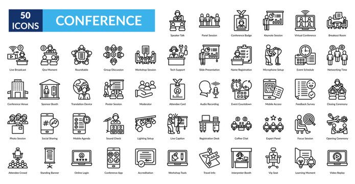 Conference Line Icon Set. Speaker Talk, Panel Session, Conference Badge, Keynote Session, Virtual Conference, Breakout Room, Networking Time