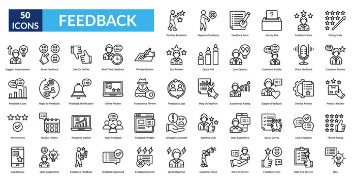 Feedback Line Icon Set. Positive, Negative, Form, Survey Box,  Stars, Rating Scale, Customer Review