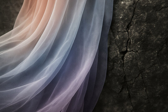 Abstract background featuring soft flowing gradient fabric texture draped over dark rough rock surface