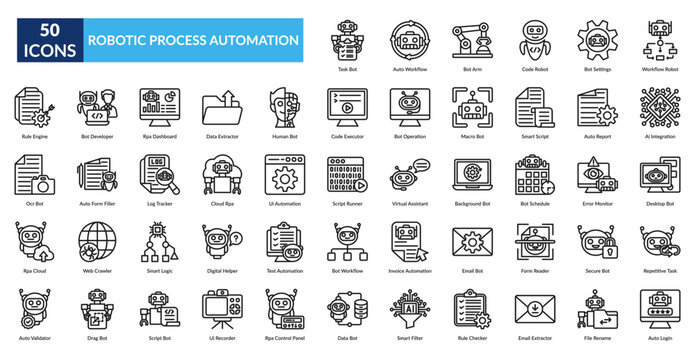 Rpa Line Icon Set. Task Bot, Auto Workflow, Bot Arm, Code Robot, Settings, Workflow Robot, Ai Integration