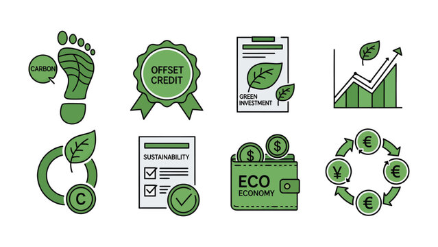 Eco-Economy Icons: A collection of vibrant icons symbolizing concepts of sustainability, environmental responsibility, and eco-friendly economic practices.