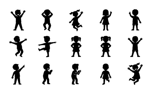 Children silhouette collection, 15 happy kids icons in various poses, black vector set of jumping and playing boys and girls on white background