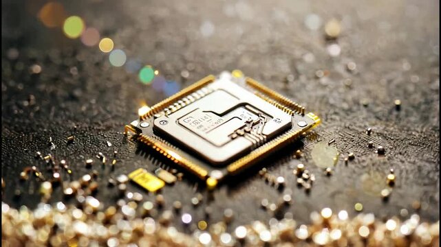 Modern computer processor chip on dark textured surface